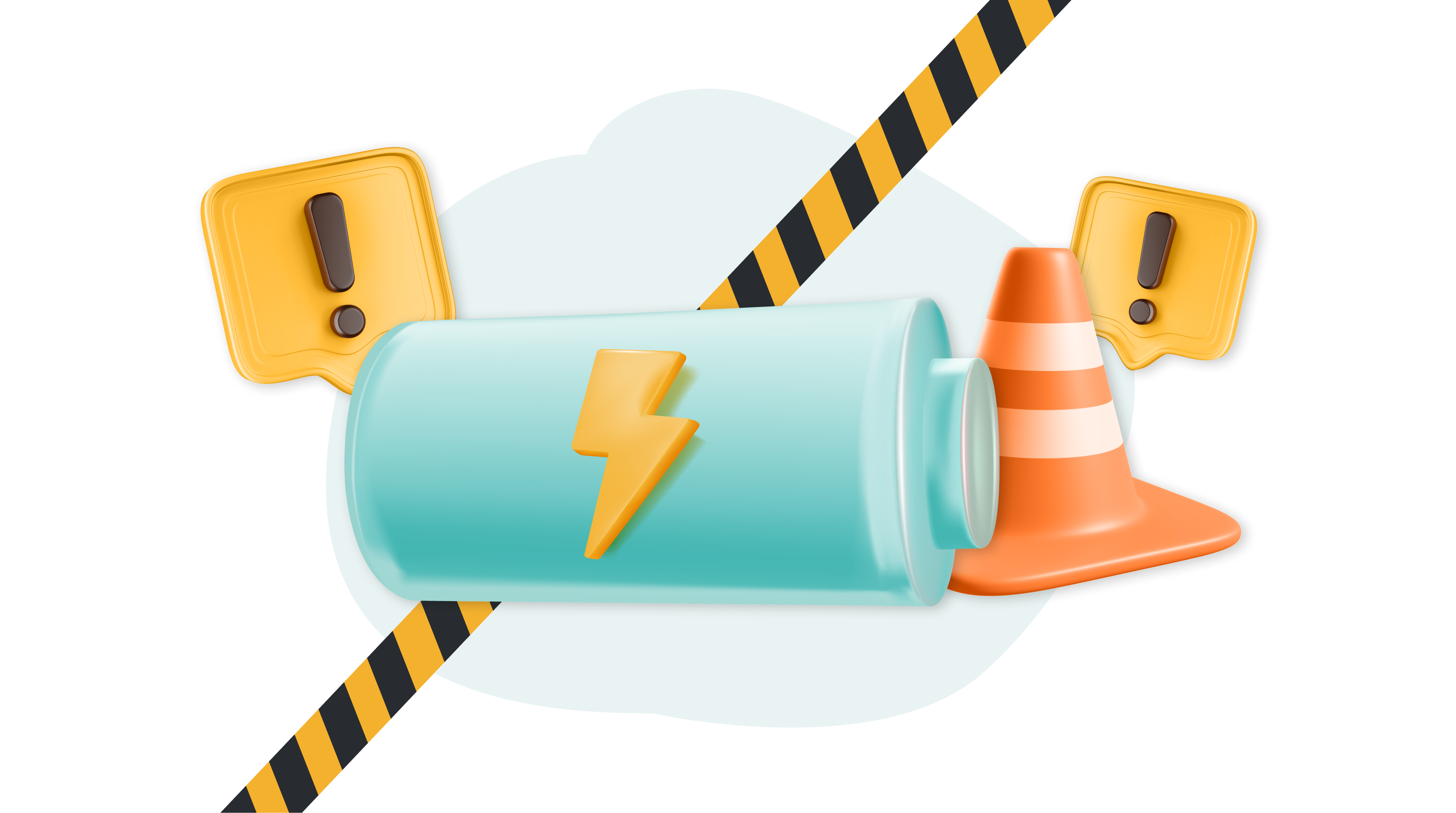 Illustration of a traffic cone next to a battery with a charging symbol and warning exclamation marks